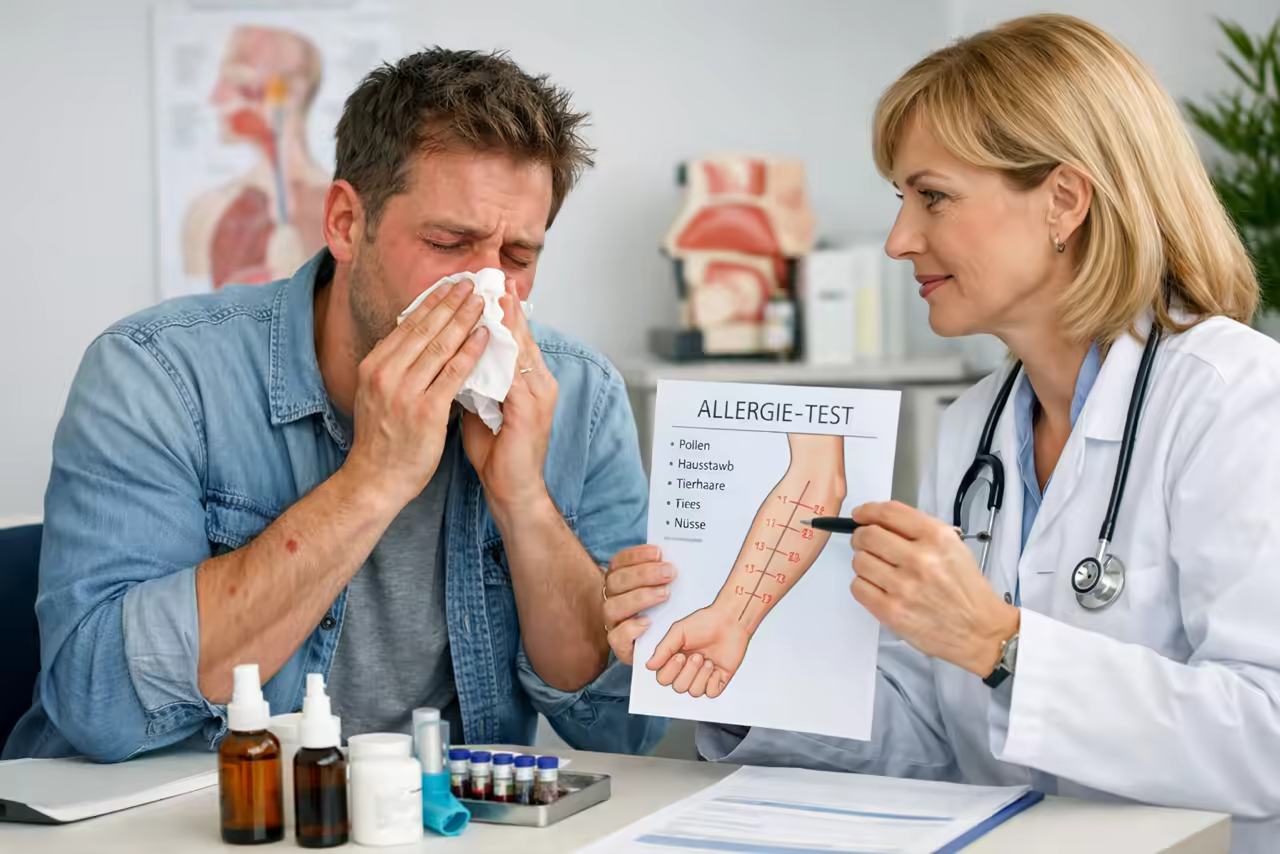 Ärztin bespricht einen Allergietest mit einem Patienten